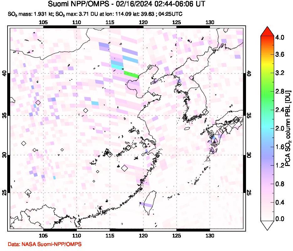 A sulfur dioxide image over Eastern China on Feb 16, 2024.