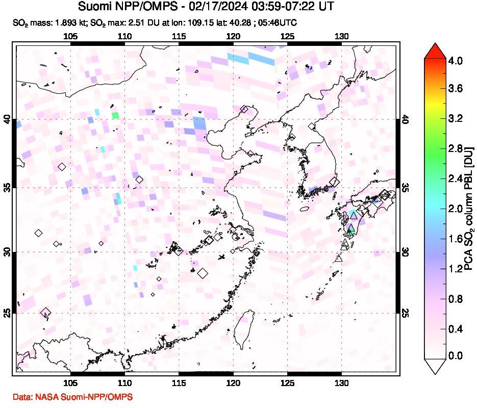 A sulfur dioxide image over Eastern China on Feb 17, 2024.