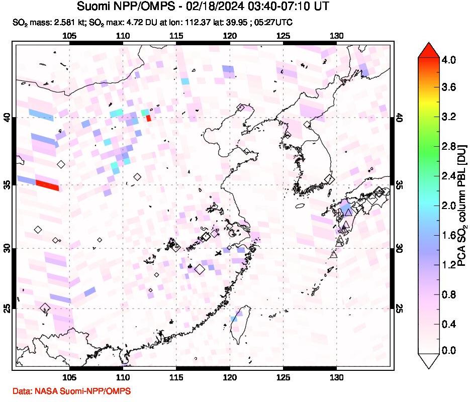 A sulfur dioxide image over Eastern China on Feb 18, 2024.