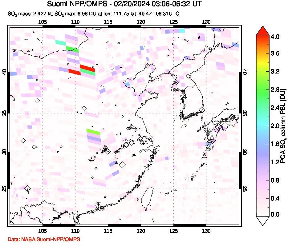 A sulfur dioxide image over Eastern China on Feb 20, 2024.