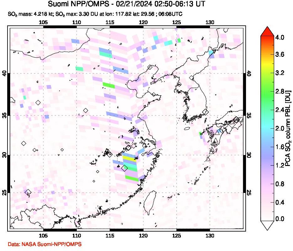 A sulfur dioxide image over Eastern China on Feb 21, 2024.