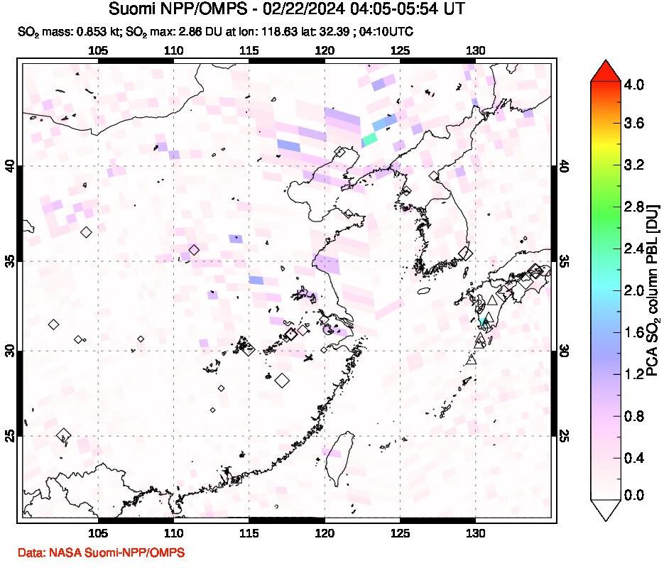 A sulfur dioxide image over Eastern China on Feb 22, 2024.