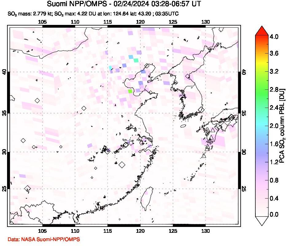 A sulfur dioxide image over Eastern China on Feb 24, 2024.