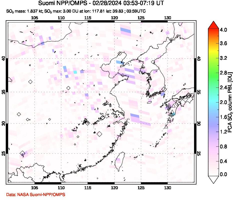 A sulfur dioxide image over Eastern China on Feb 28, 2024.
