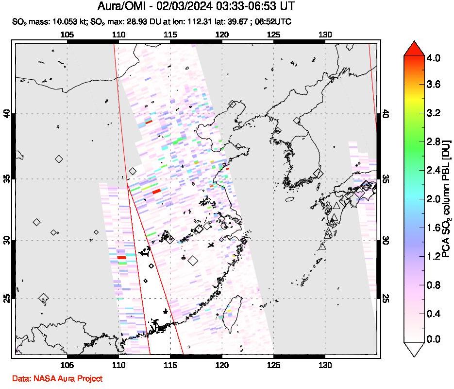 A sulfur dioxide image over Eastern China on Feb 03, 2024.