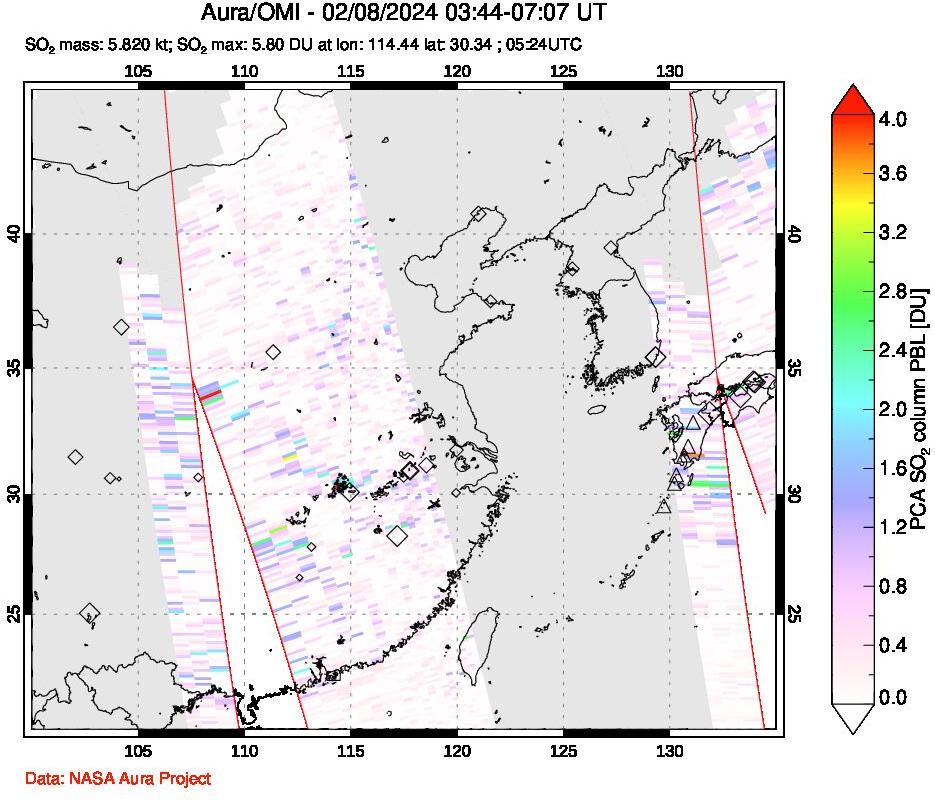 A sulfur dioxide image over Eastern China on Feb 08, 2024.