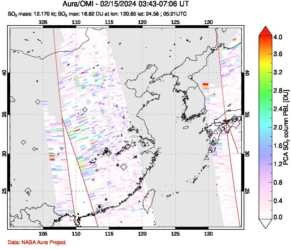 A sulfur dioxide image over Eastern China on Feb 15, 2024.