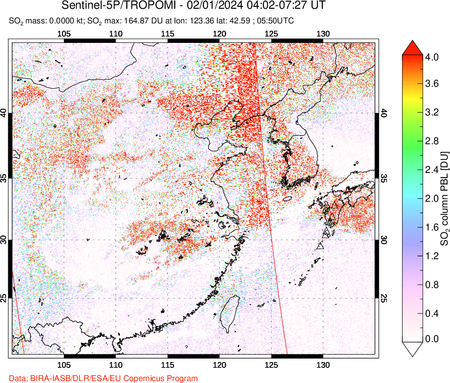 A sulfur dioxide image over Eastern China on Feb 01, 2024.