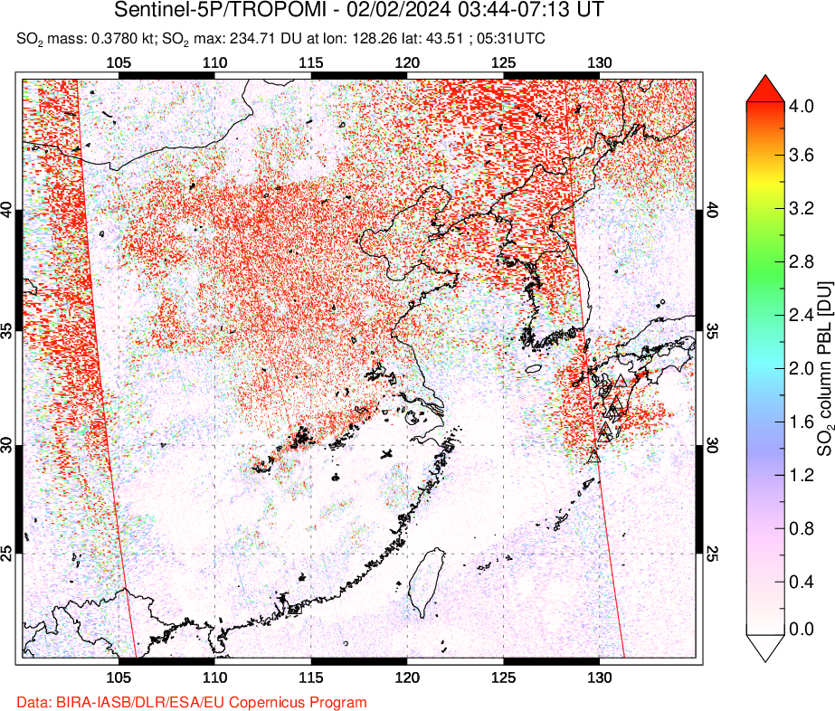 A sulfur dioxide image over Eastern China on Feb 02, 2024.