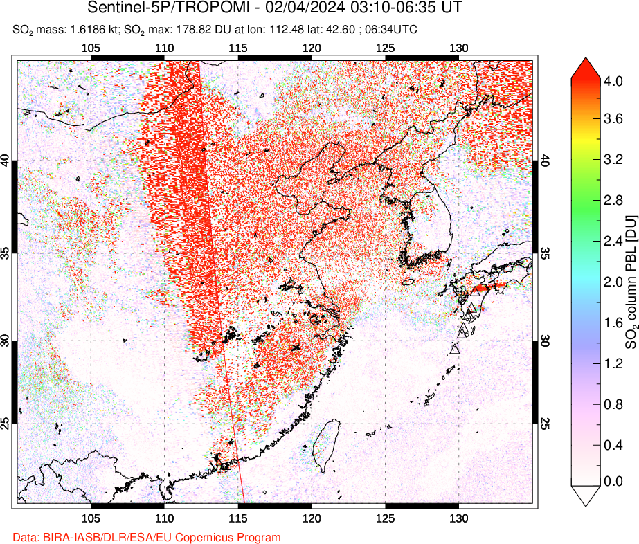 A sulfur dioxide image over Eastern China on Feb 04, 2024.