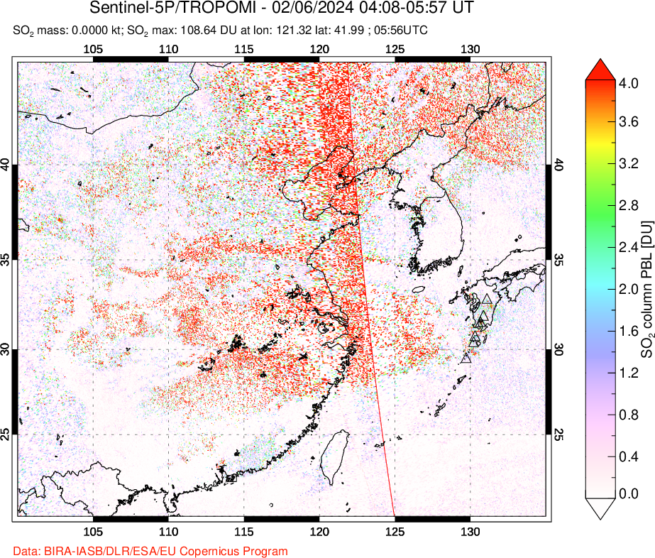 A sulfur dioxide image over Eastern China on Feb 06, 2024.