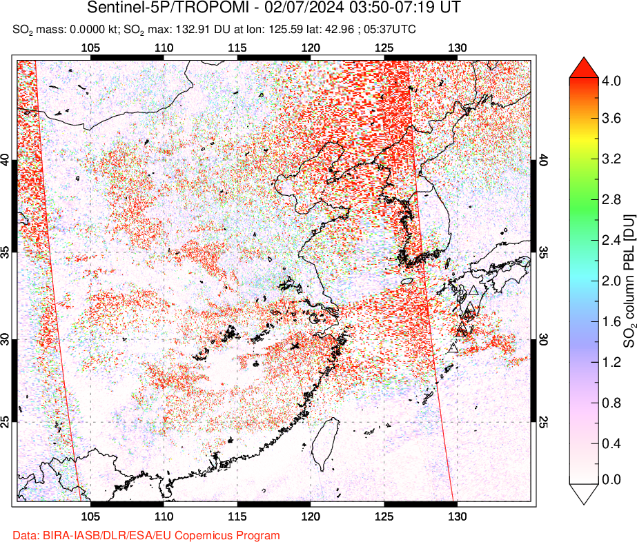 A sulfur dioxide image over Eastern China on Feb 07, 2024.