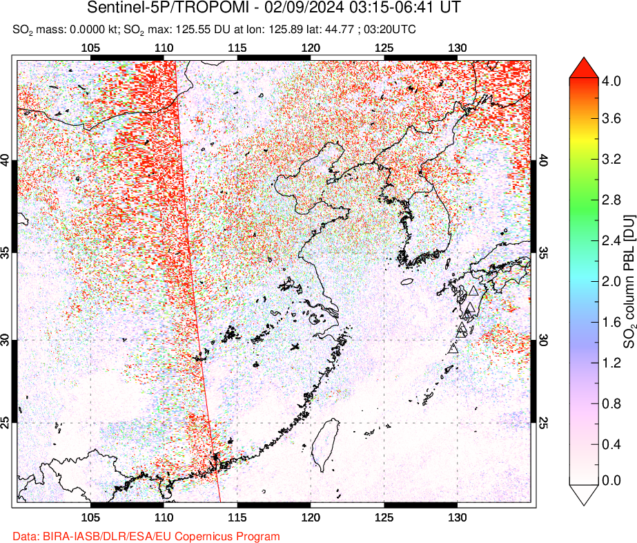 A sulfur dioxide image over Eastern China on Feb 09, 2024.