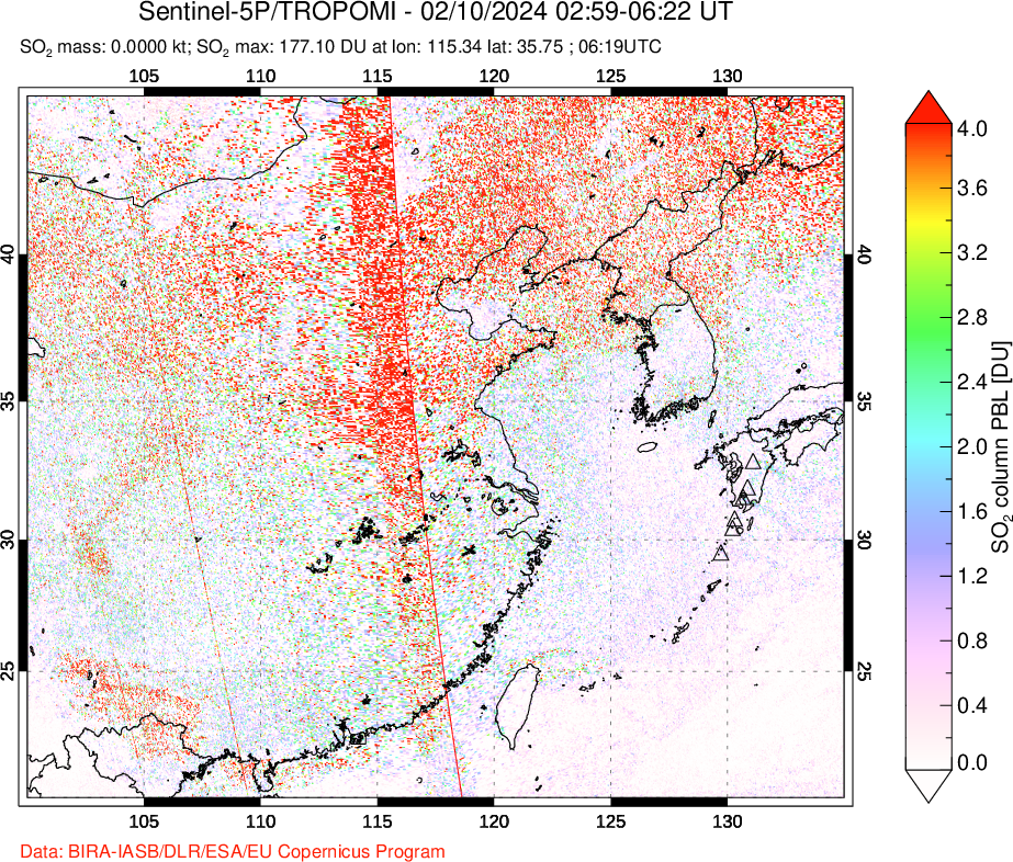 A sulfur dioxide image over Eastern China on Feb 10, 2024.