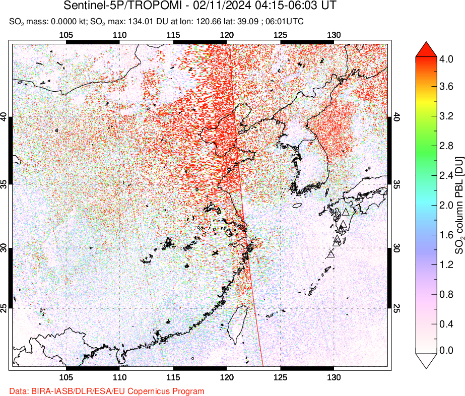 A sulfur dioxide image over Eastern China on Feb 11, 2024.