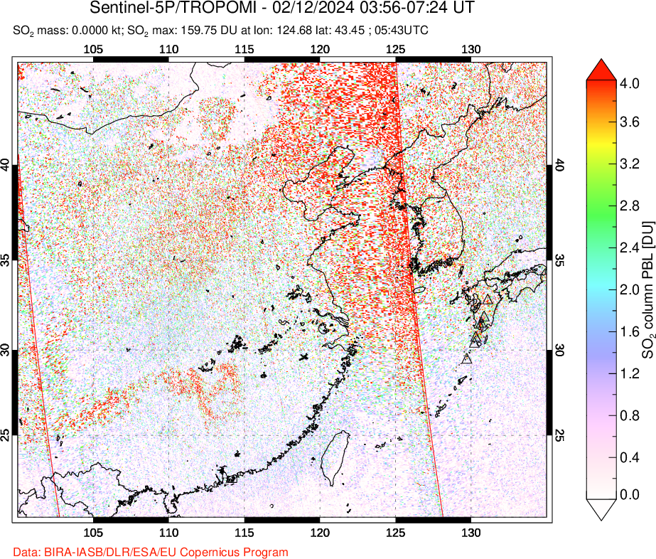 A sulfur dioxide image over Eastern China on Feb 12, 2024.