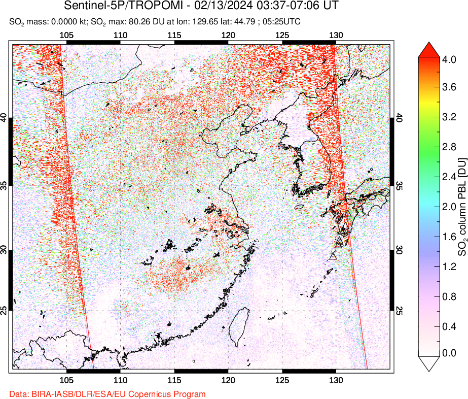 A sulfur dioxide image over Eastern China on Feb 13, 2024.