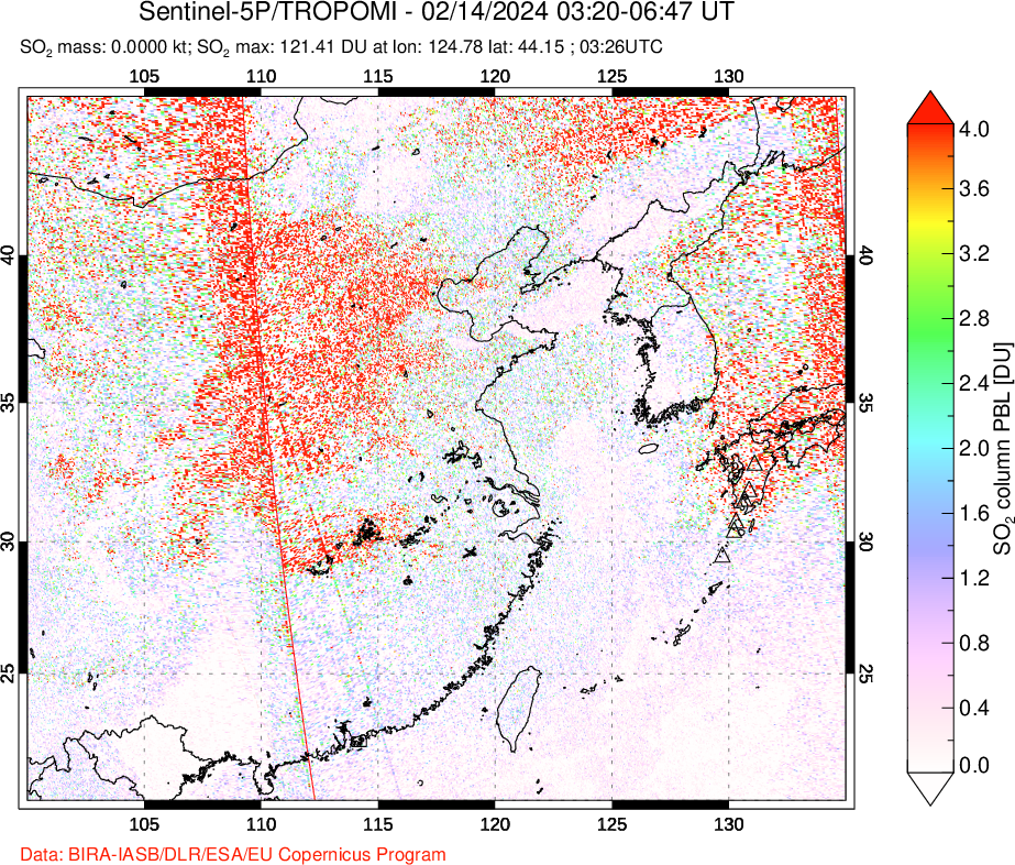 A sulfur dioxide image over Eastern China on Feb 14, 2024.