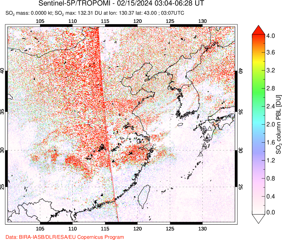 A sulfur dioxide image over Eastern China on Feb 15, 2024.