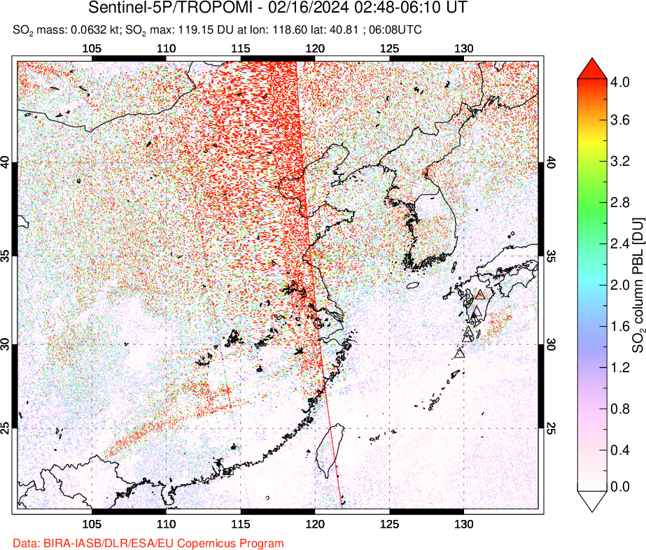 A sulfur dioxide image over Eastern China on Feb 16, 2024.