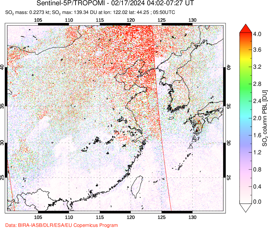 A sulfur dioxide image over Eastern China on Feb 17, 2024.