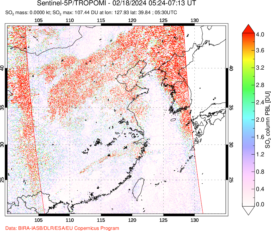 A sulfur dioxide image over Eastern China on Feb 18, 2024.