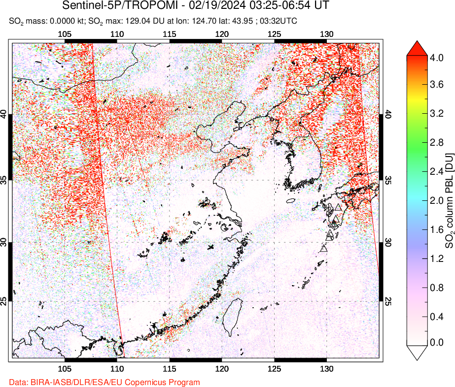 A sulfur dioxide image over Eastern China on Feb 19, 2024.