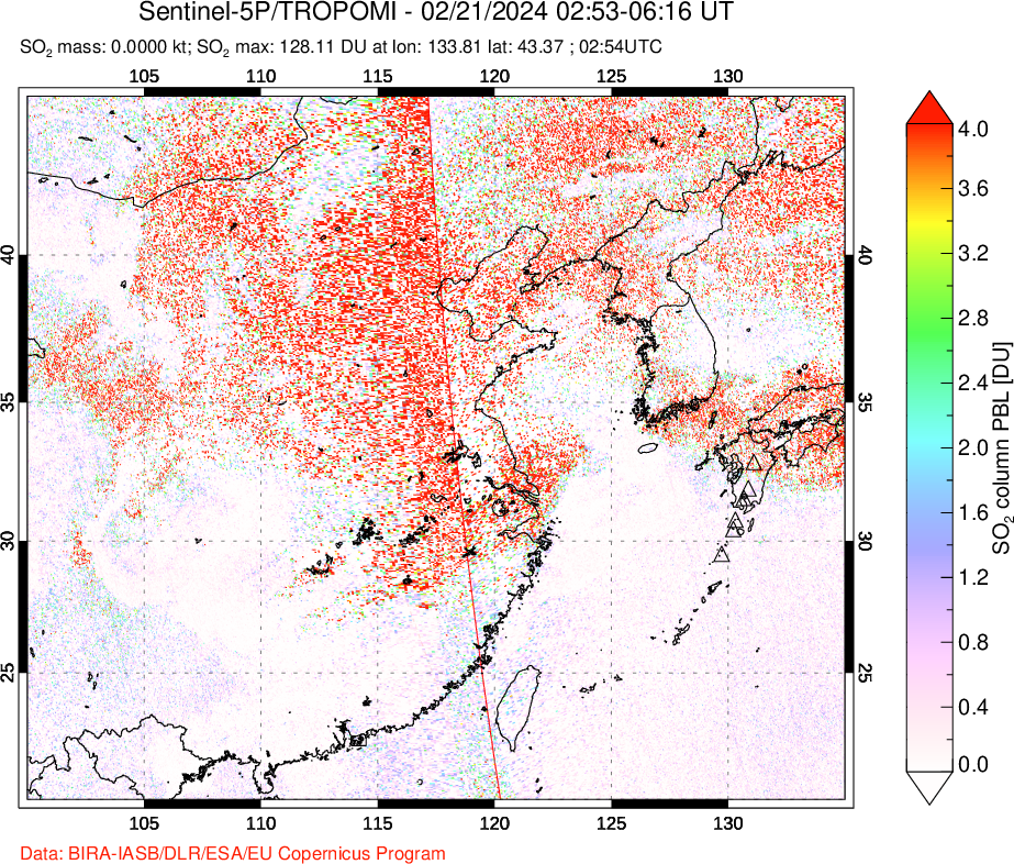 A sulfur dioxide image over Eastern China on Feb 21, 2024.