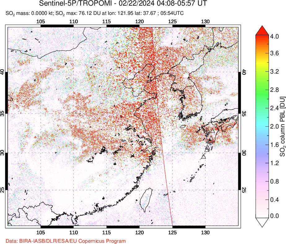 A sulfur dioxide image over Eastern China on Feb 22, 2024.