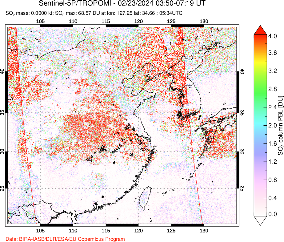 A sulfur dioxide image over Eastern China on Feb 23, 2024.