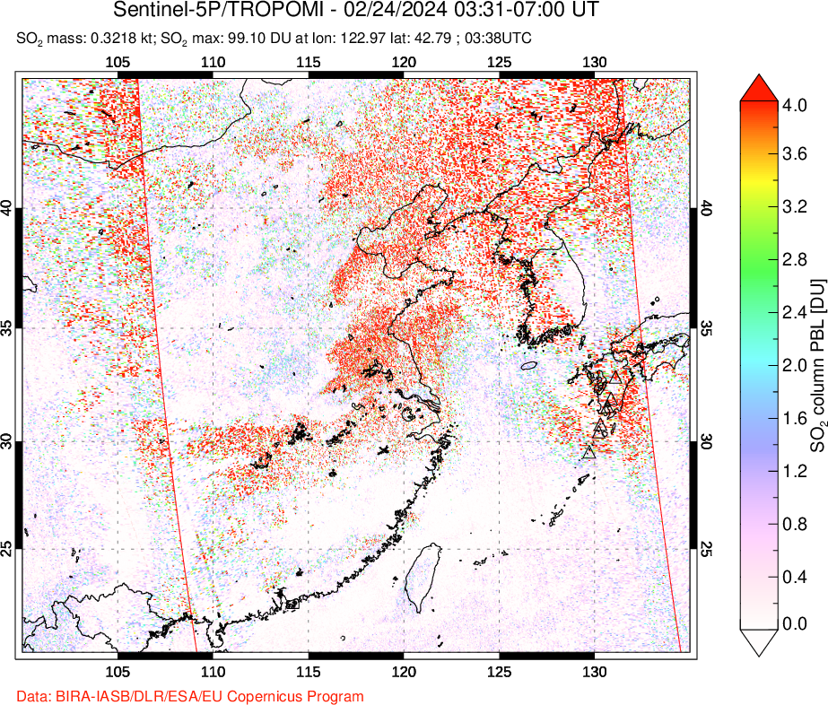 A sulfur dioxide image over Eastern China on Feb 24, 2024.