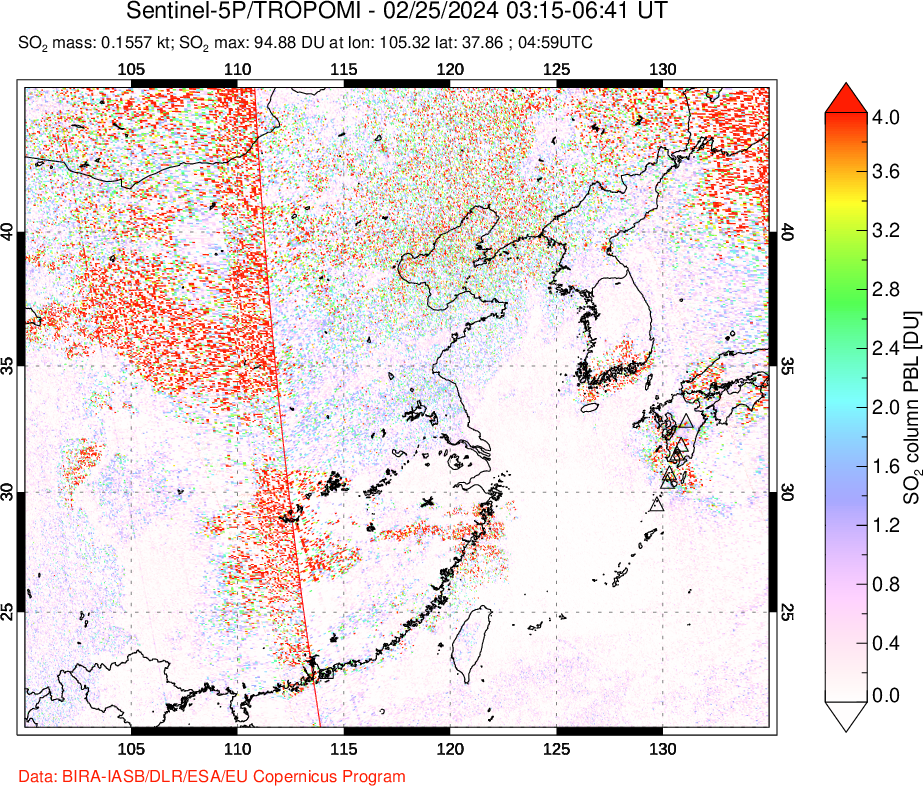 A sulfur dioxide image over Eastern China on Feb 25, 2024.