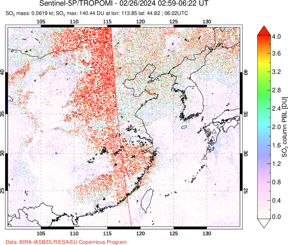 A sulfur dioxide image over Eastern China on Feb 26, 2024.