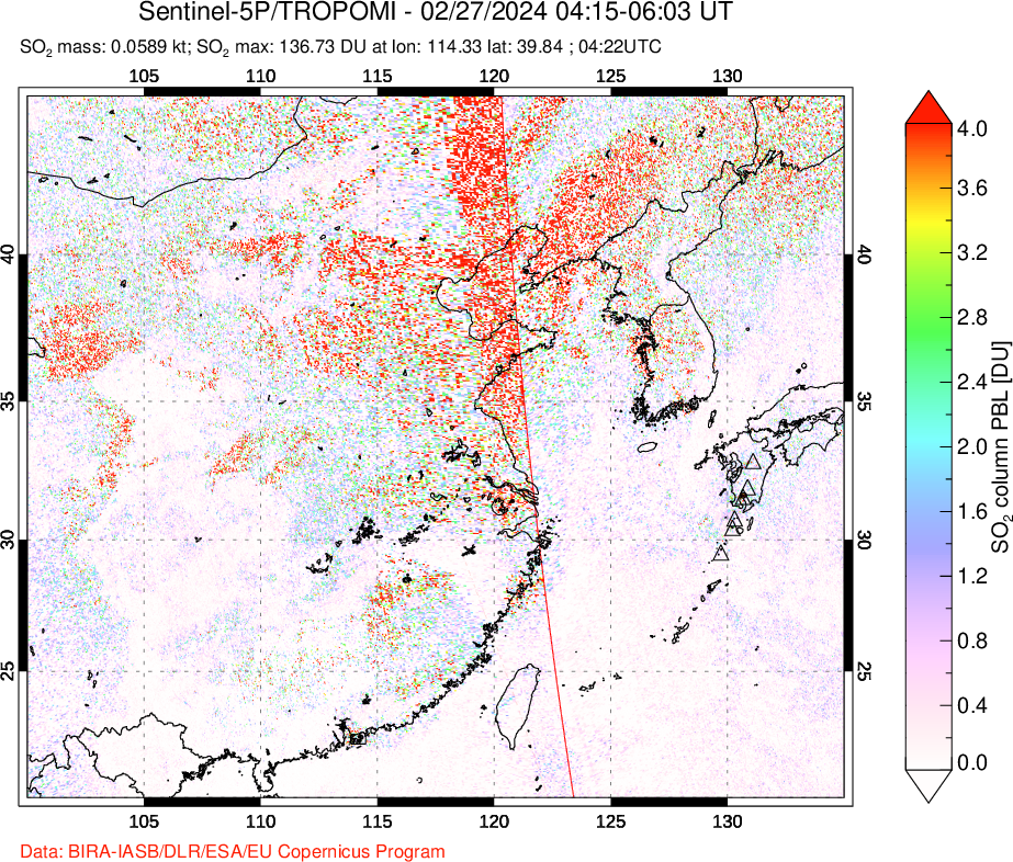 A sulfur dioxide image over Eastern China on Feb 27, 2024.