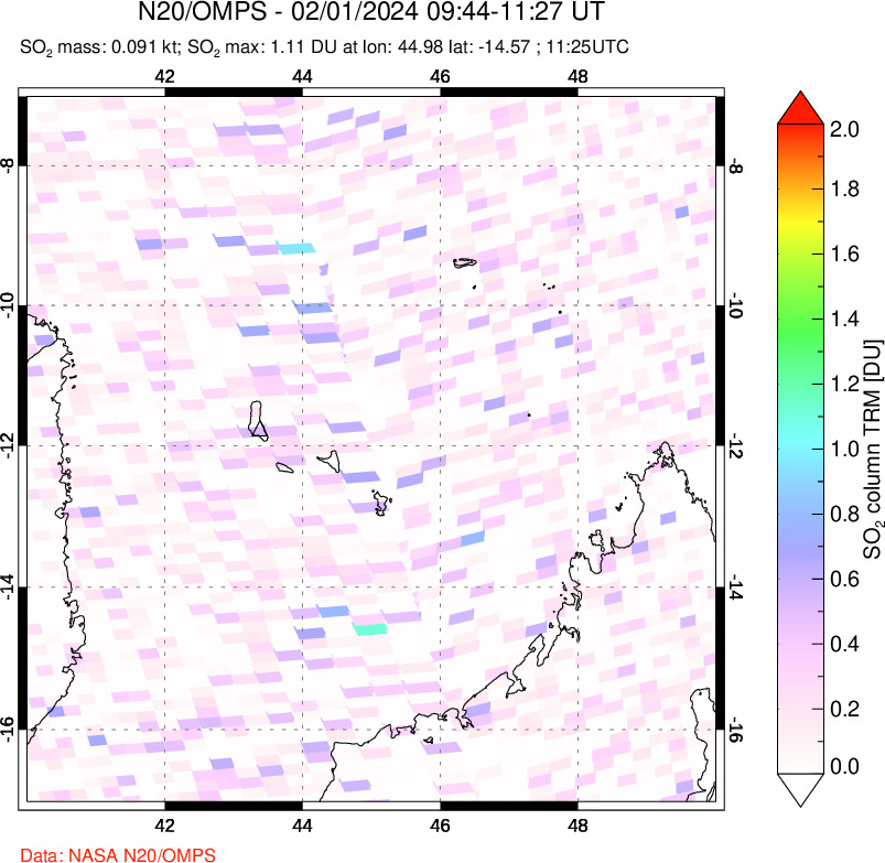 A sulfur dioxide image over Comoro Islands on Feb 01, 2024.