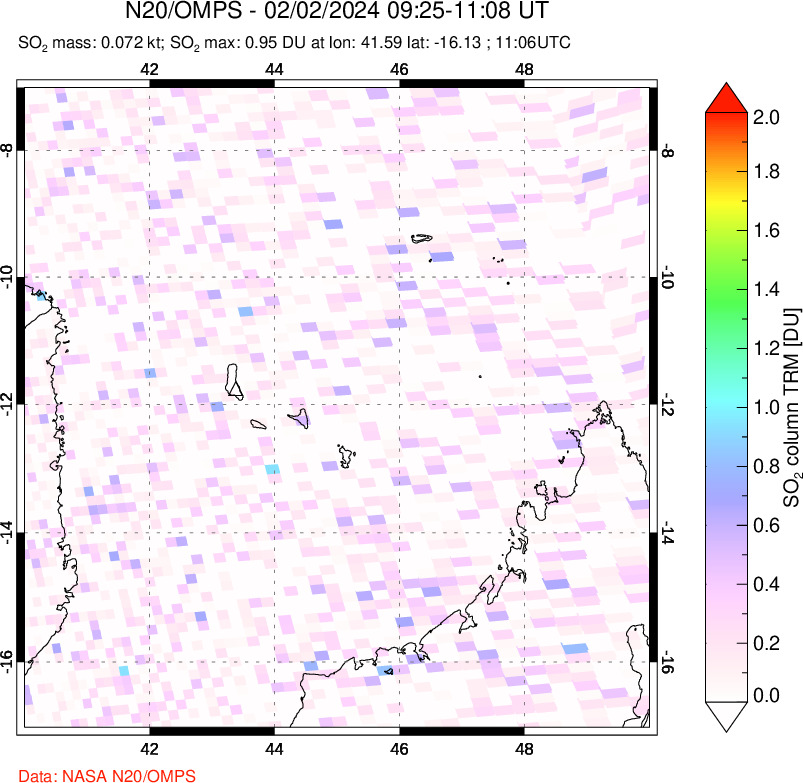 A sulfur dioxide image over Comoro Islands on Feb 02, 2024.