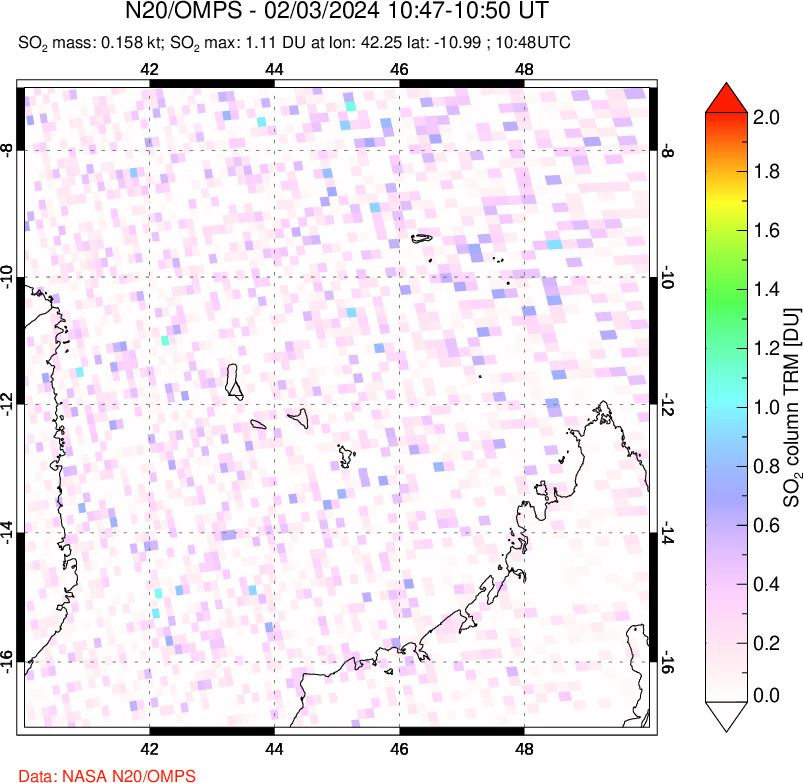 A sulfur dioxide image over Comoro Islands on Feb 03, 2024.