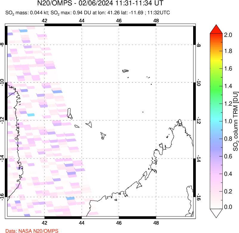 A sulfur dioxide image over Comoro Islands on Feb 06, 2024.