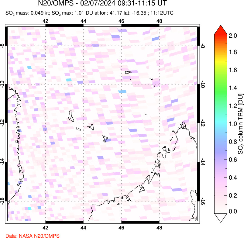 A sulfur dioxide image over Comoro Islands on Feb 07, 2024.