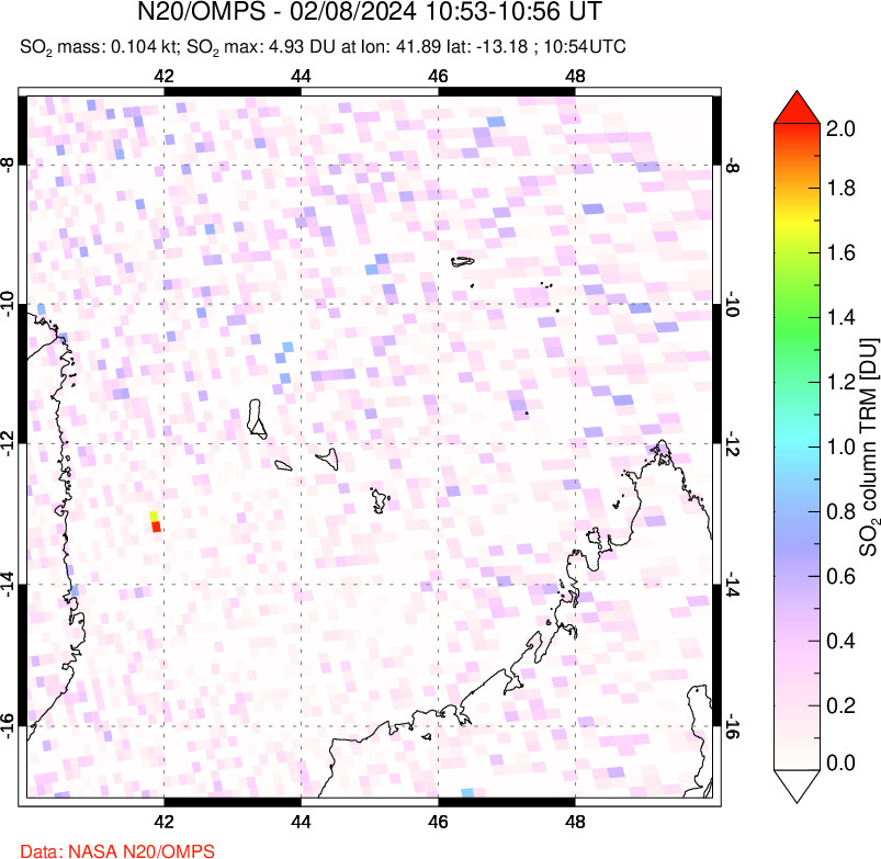 A sulfur dioxide image over Comoro Islands on Feb 08, 2024.