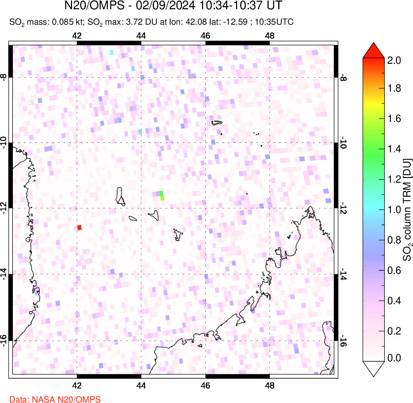 A sulfur dioxide image over Comoro Islands on Feb 09, 2024.