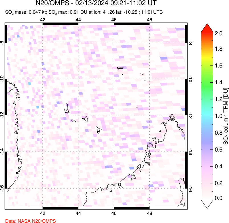 A sulfur dioxide image over Comoro Islands on Feb 13, 2024.