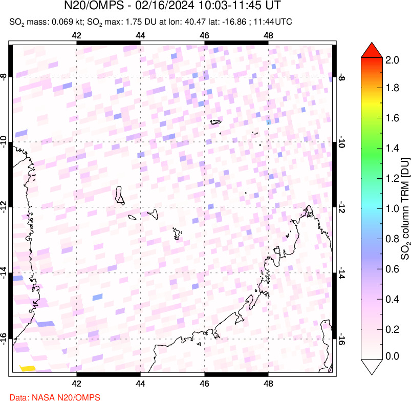 A sulfur dioxide image over Comoro Islands on Feb 16, 2024.