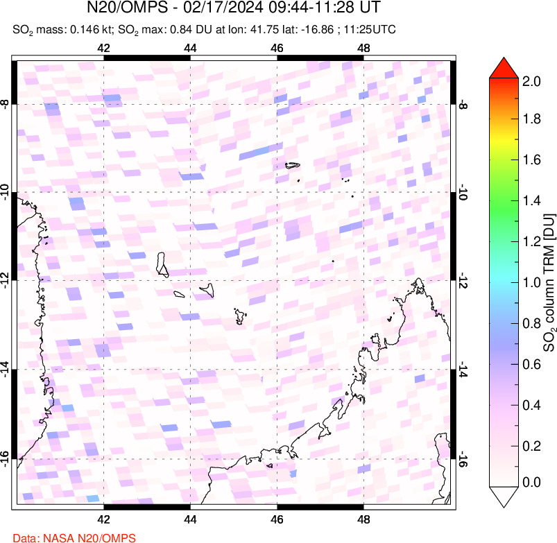 A sulfur dioxide image over Comoro Islands on Feb 17, 2024.