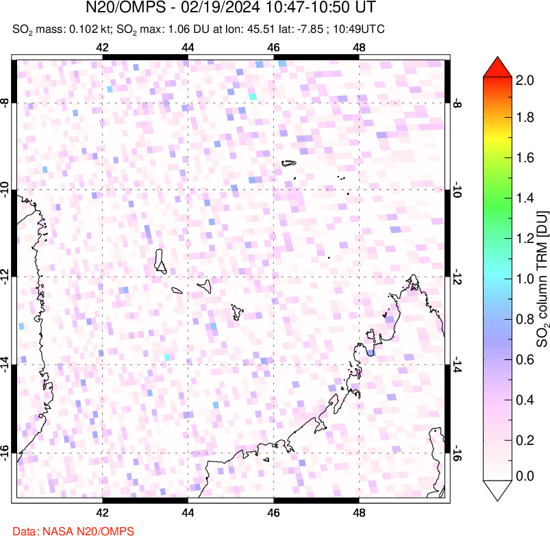 A sulfur dioxide image over Comoro Islands on Feb 19, 2024.