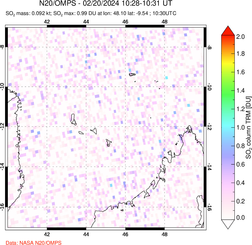 A sulfur dioxide image over Comoro Islands on Feb 20, 2024.