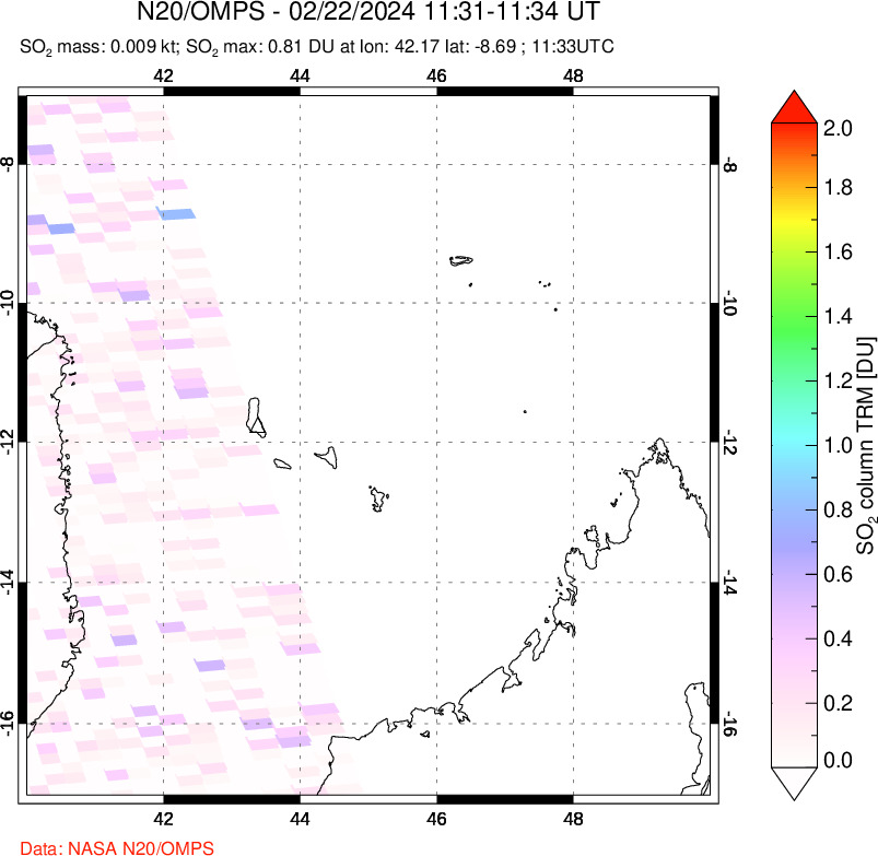 A sulfur dioxide image over Comoro Islands on Feb 22, 2024.