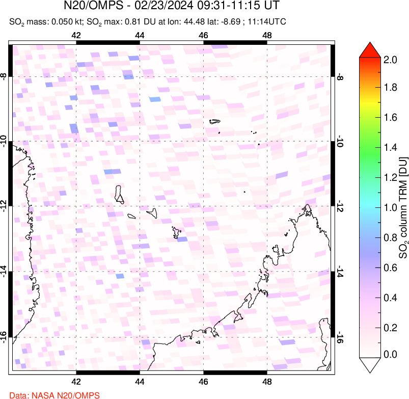 A sulfur dioxide image over Comoro Islands on Feb 23, 2024.