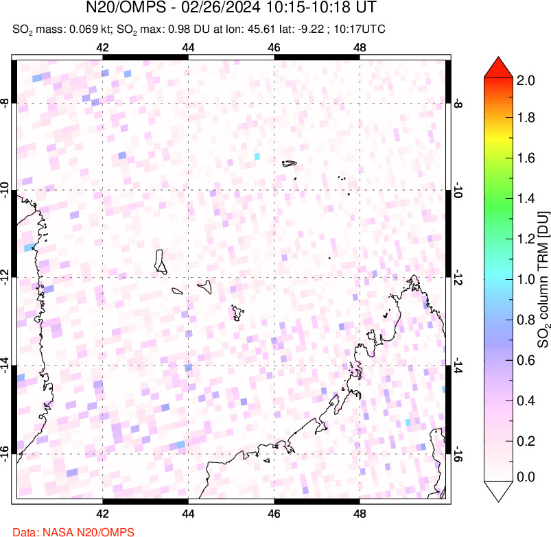 A sulfur dioxide image over Comoro Islands on Feb 26, 2024.