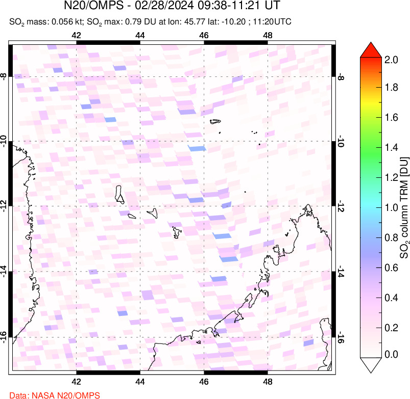 A sulfur dioxide image over Comoro Islands on Feb 28, 2024.